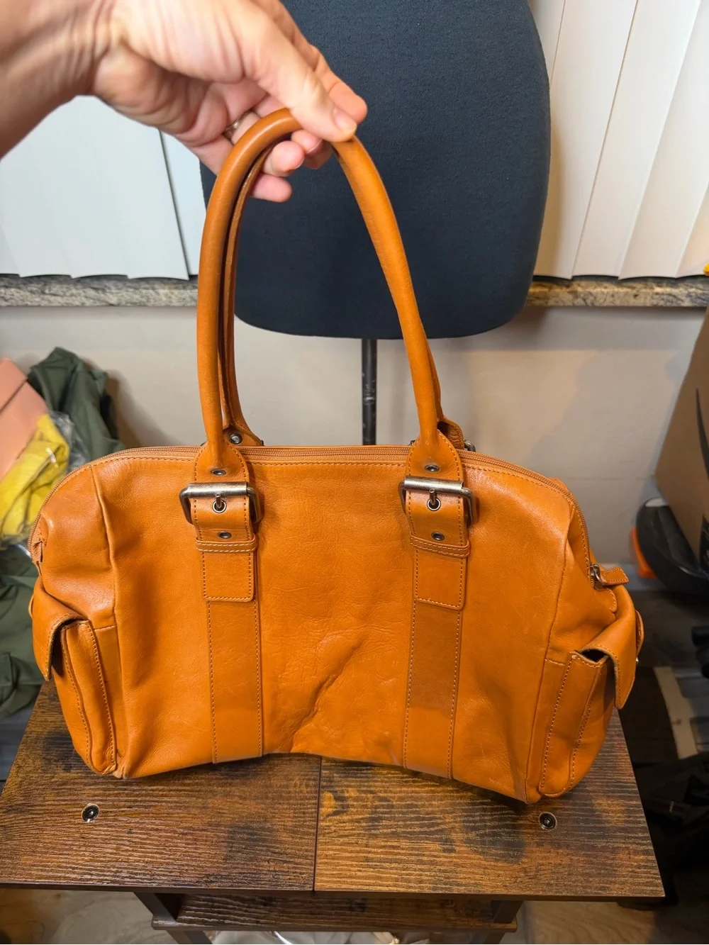 Hype faux leather tan satchel handbag functional side pockets